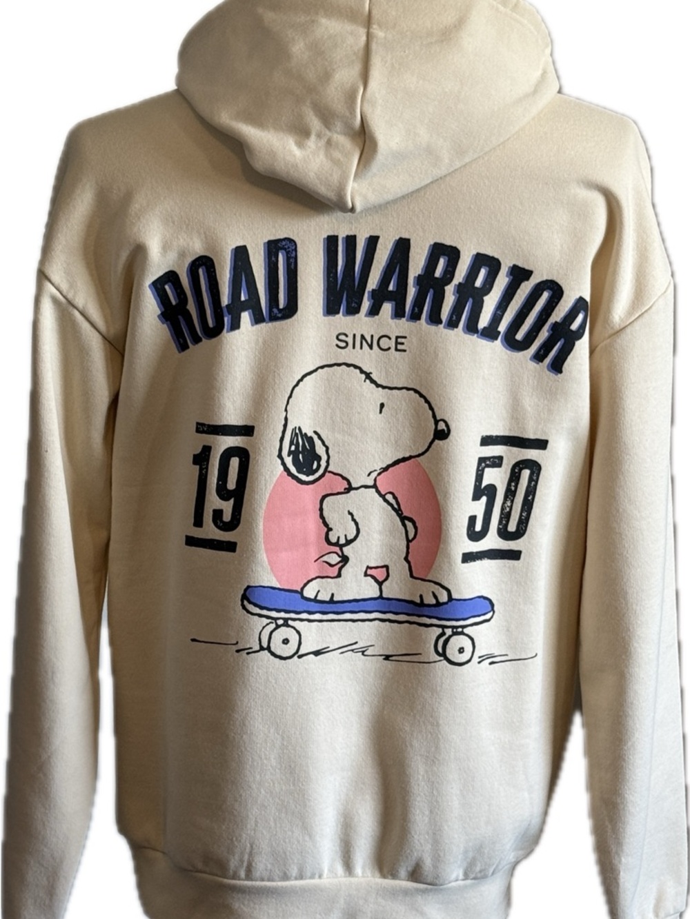 Snoopy Road Warrior Since 1950 Skateboard  Hoodie Cream Hooded Sweatshirt size M